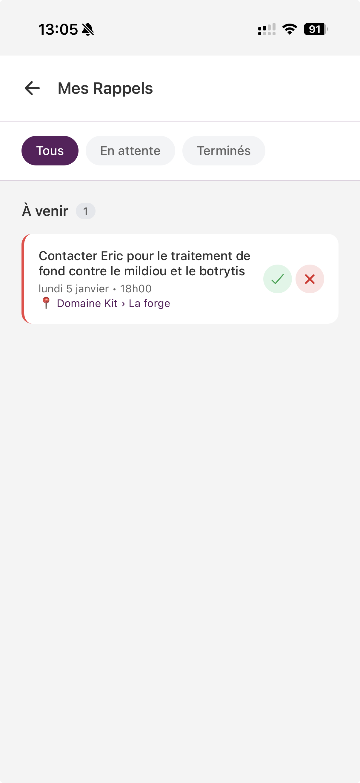 Liste des rappels dans ŒnoT avec filtres et actions