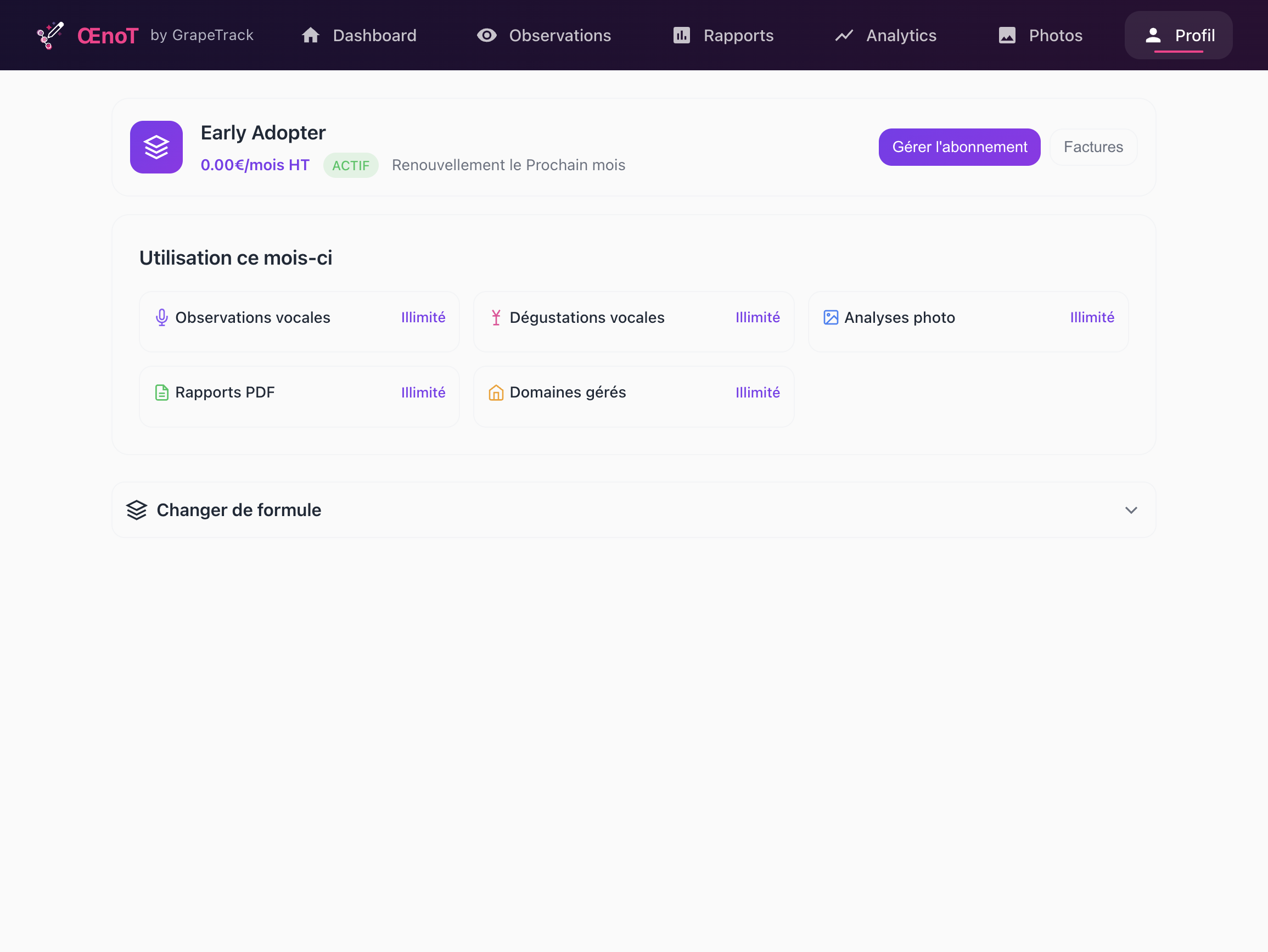 Page Abonnement - Gestion de l'abonnement et choix de formule
