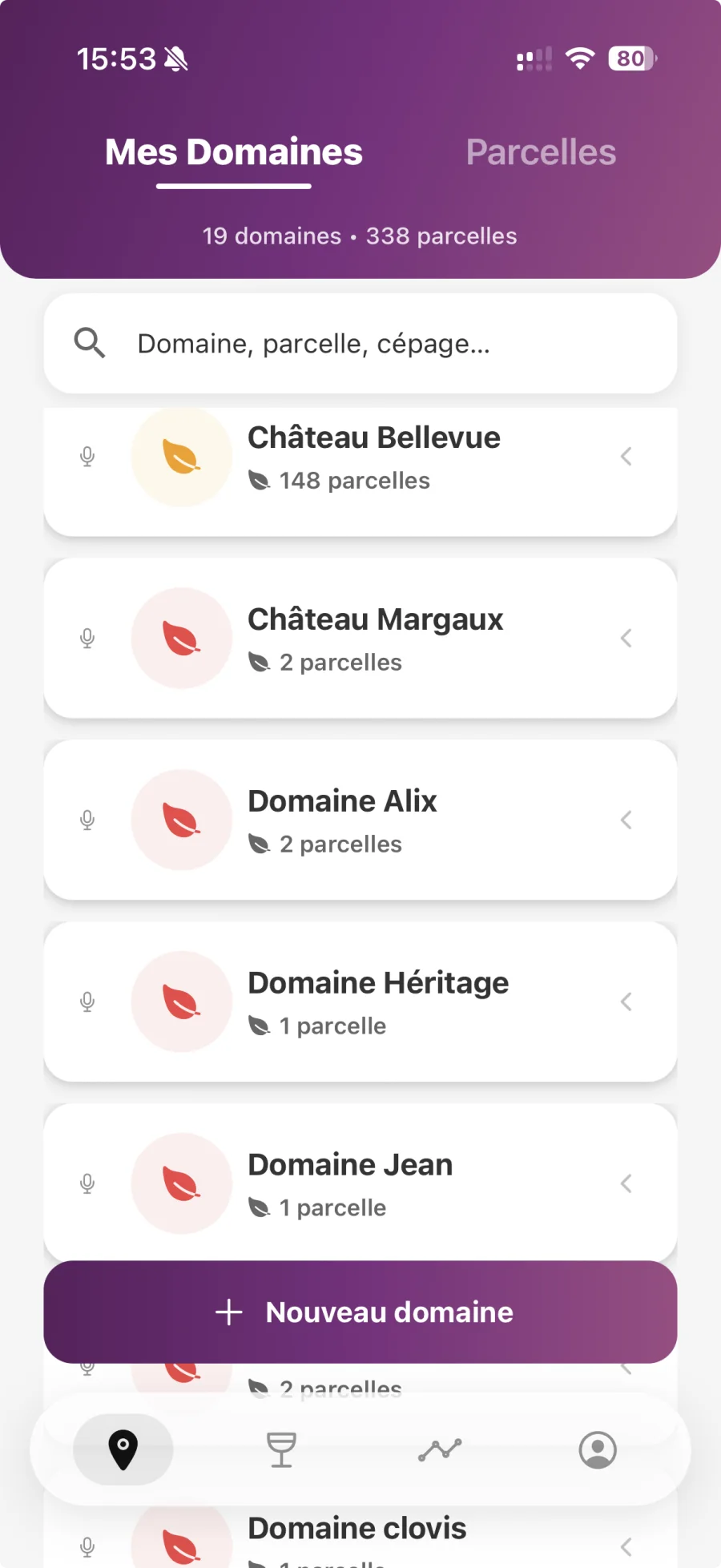 Liste actuelle des domaines dans l'application mobile