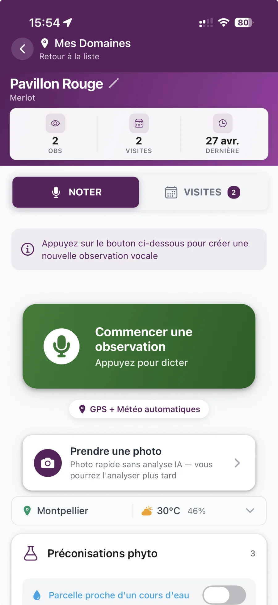 Création d'une observation vocale sur une parcelle